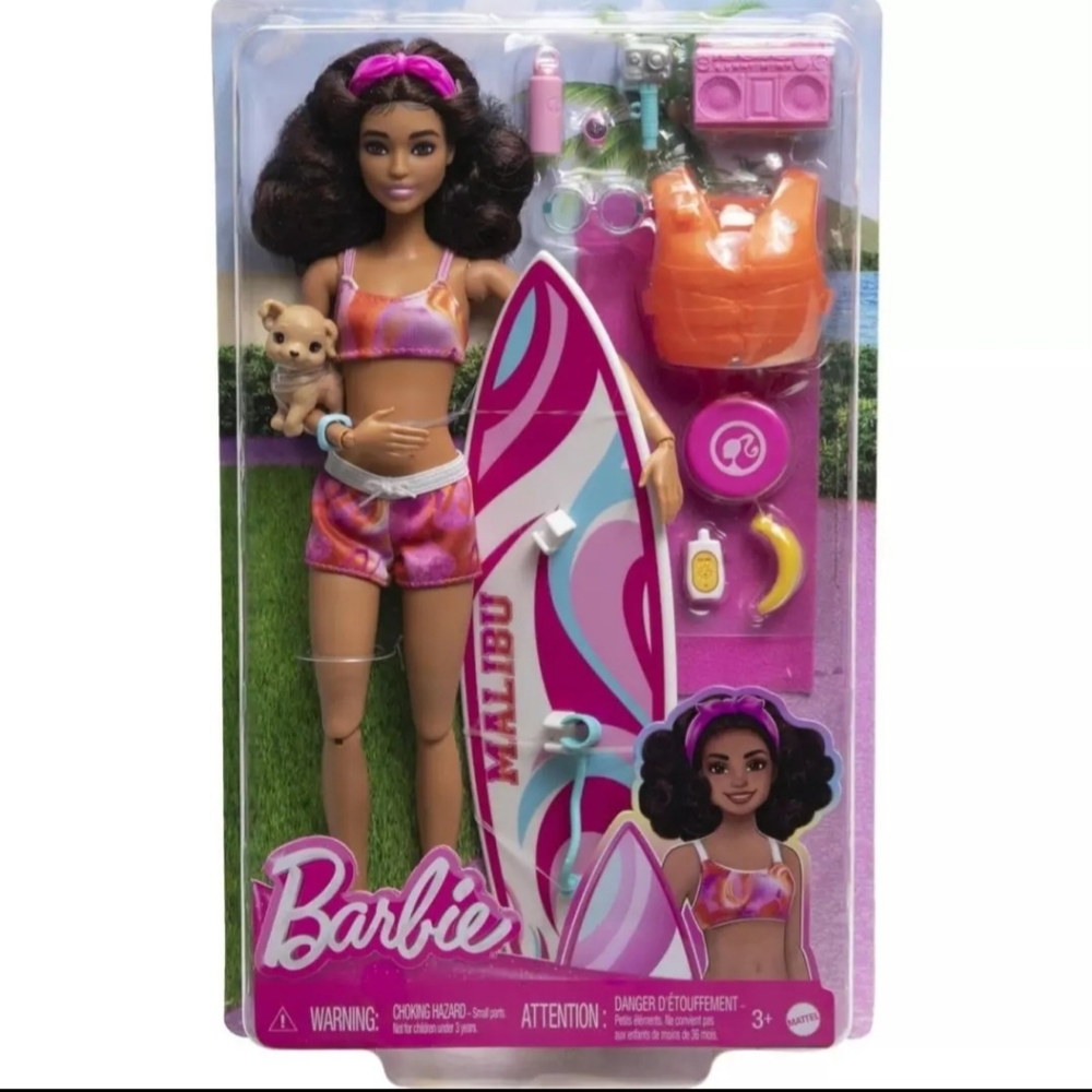 Malibu Barbie Doll Surfboard Puppy Dog Articulated Brunette Brown Beach Surfer